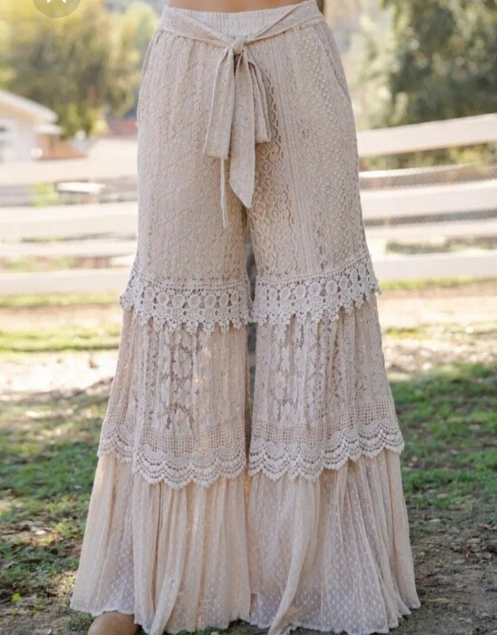 192p Boho Lace Wide-Leg Pants with Tie Waist - Cream